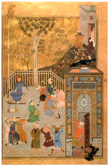 Réception à la cour du Caire, page du Boustan de Sa'di, Behzâd, Hérat, 1488. Bibliothèque nationale du Caire. 