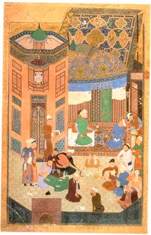 Réception à la cour du Caire, page du Boustan de Sa'di, Behzâd, Hérat, 1488. Bibliothèque nationale du Caire. 