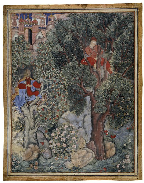 La sorcière Anqarut attache Malik Iraj à un arbre, page du Hamzanâmeh, artiste inconnu, 