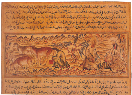 Mahomet, Abu Bakr et un troupeau de chèvres, page de l’Histoire universelle (Jami al-tawarikh)