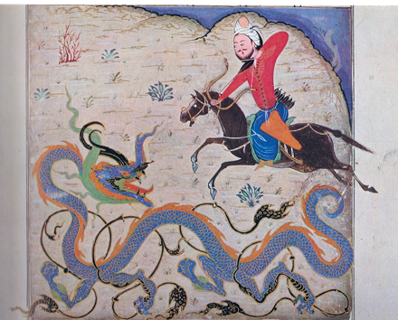 Bahram Gour tuant le dragon, page du Shâhnâmeh, Chiraz, 1370. Istanbul, Topkapi Saray.