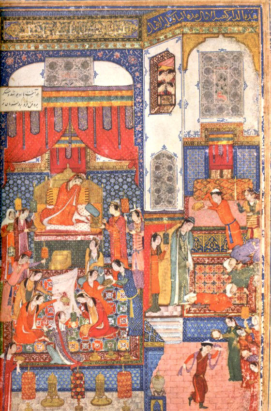 Les noces de Humây et Humâyoun, page des poèmes de Khwaju Kermani (1280-1352), Djouneyd, Bagdad, 1396. British Library, Londres. 