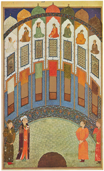 Bahrâm Gour dans la chambre aux sept portraits, page du Khamseh de Nezâmi, 1410. 